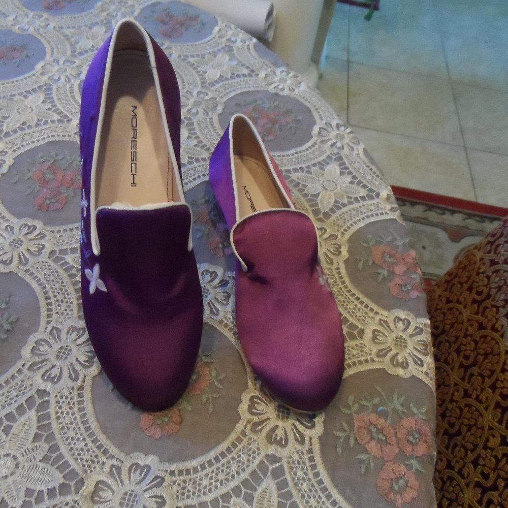 New Moreschi Purple Satin Floral Embroidery Loafers Size 36.5B